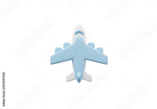 3D flat minimalist airplane icon, viewed from above, smooth wings and body, soft pastel blue and white, geometric simplicity