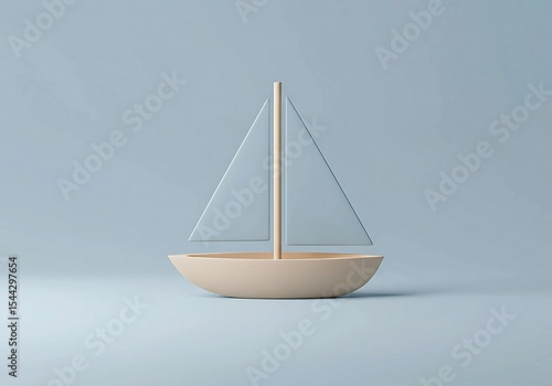 3D flat render of a sailboat, flat triangle sail and curved base, soft blue and beige tones, minimal nautical style