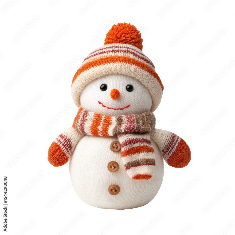 Fototapeta premium Cheerful knitted snowman with orange hat and scarf, perfect for winter decor and holiday celebrations Transparent background or png