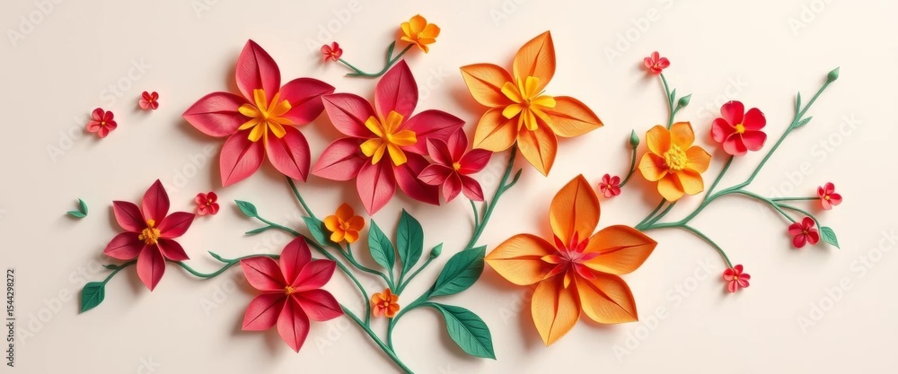Intricate papercut spring/summer design featuring origami flowers on a light background, summer, paper Intricate papercut spring/summer design featuring origami flowers on a light background, summer, paper