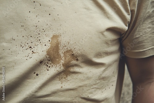 Clothes stain concept, accidental spill of coffee on a t-shirt., Generative AI