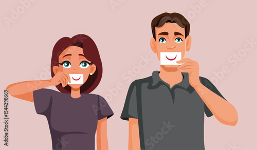 Hypocritical Couple Displays a Fake Smile Vector Cartoon Illustration. Man and woman trying to keep up appearances as married couple 
