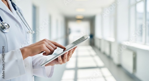 Close-up of a doctor using a tablet in a bright hospital corridor, Perfect for healthcare, digital tech, and clinical design concepts