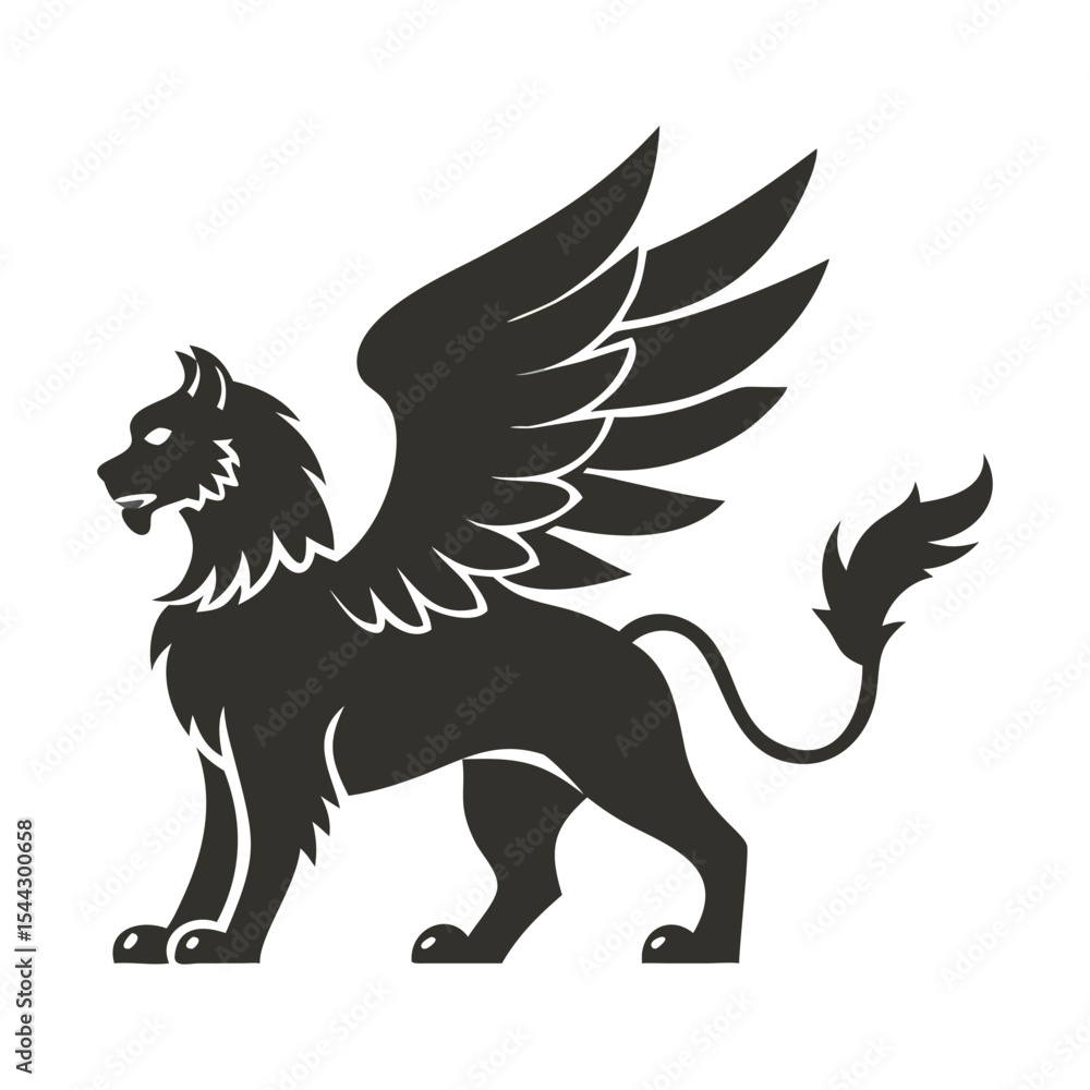 Fototapeta premium Black Winged Lion Silhouette – Minimalist Mythical Creature Digital Art in High Contrast