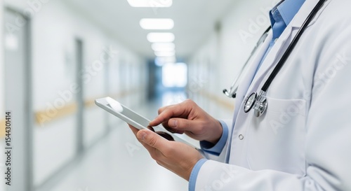 Close-up of a doctor using a tablet in a bright hospital corridor, Perfect for healthcare, digital tech, and clinical design concepts