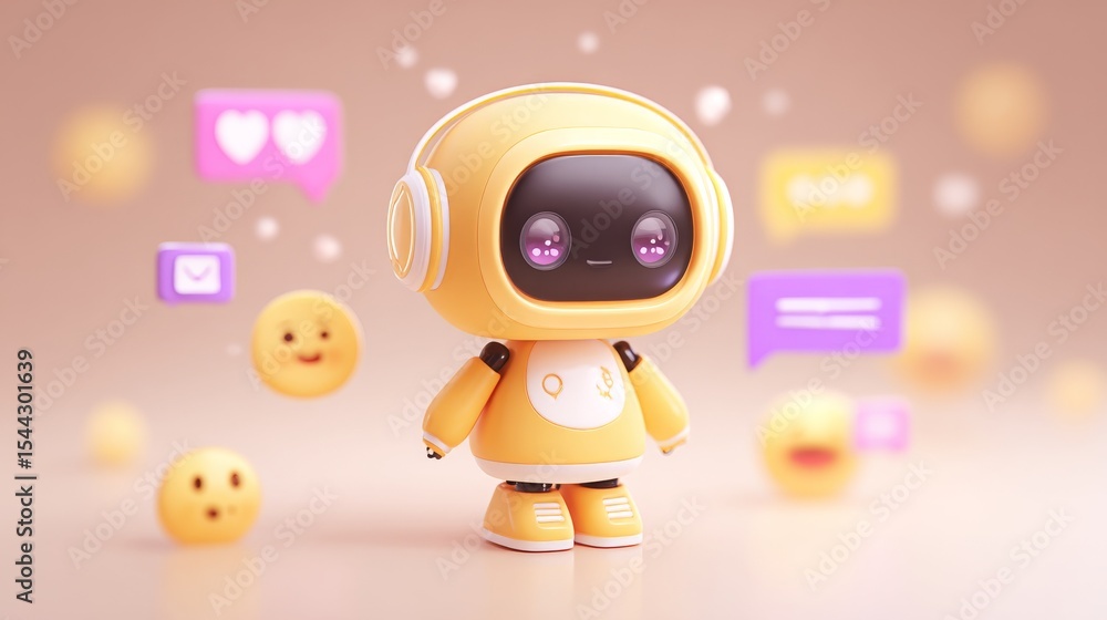 Obraz premium Yellow chatbot robot with speech bubbles and emojis floats on a soft background.