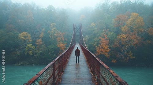 Man standing on misty autumn bridge