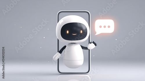 Friendly ai robot in a phone frame with a speech bubble on a neutral background.
