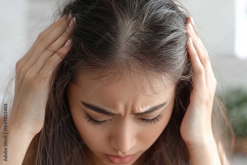 Hair loss problem concept. Asian woman examining her scalp and worrying about thinning hair, showing concern for potential balding., Generative AI Hair loss problem concept. Asian woman examining her scalp and worrying about thinning hair, showing concern for potential balding., Generative AI