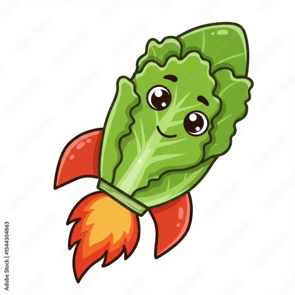 Obraz premium Cute Cartoon Lettuce Rocket Ship Illustration