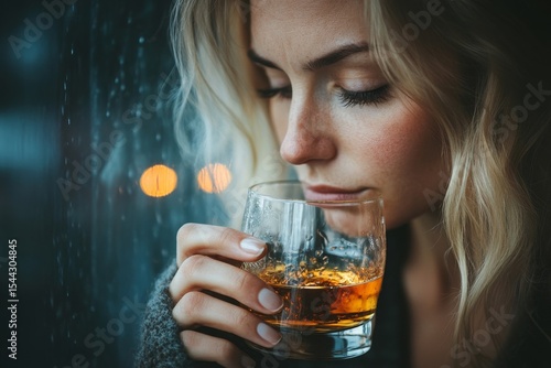 Depressed and anxious woman drinking whisky alone, reflecting emotional isolation., Generative AI