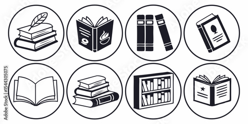 Collection of Black and White Book Icons in Circles Representing Reading Education and Literature on a White Background