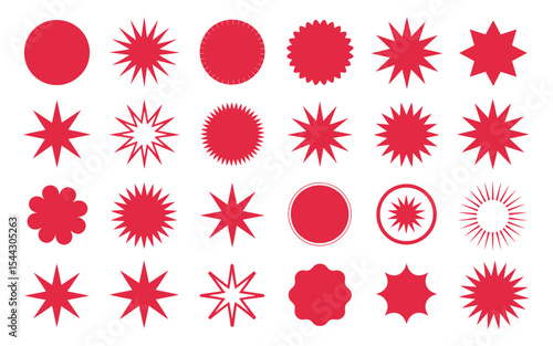 collection of 25 red geometric and starburst icons in diverse styles and patterns, abstract vector elements on white background