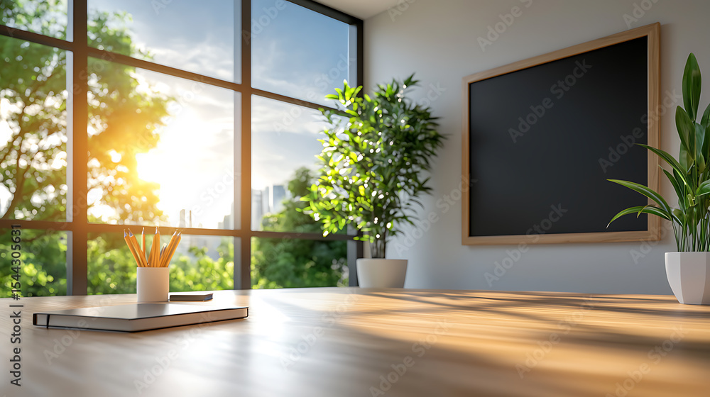 Fototapeta premium Morning light streaming into a modern office space with greenery interior design calm environment wide angle view