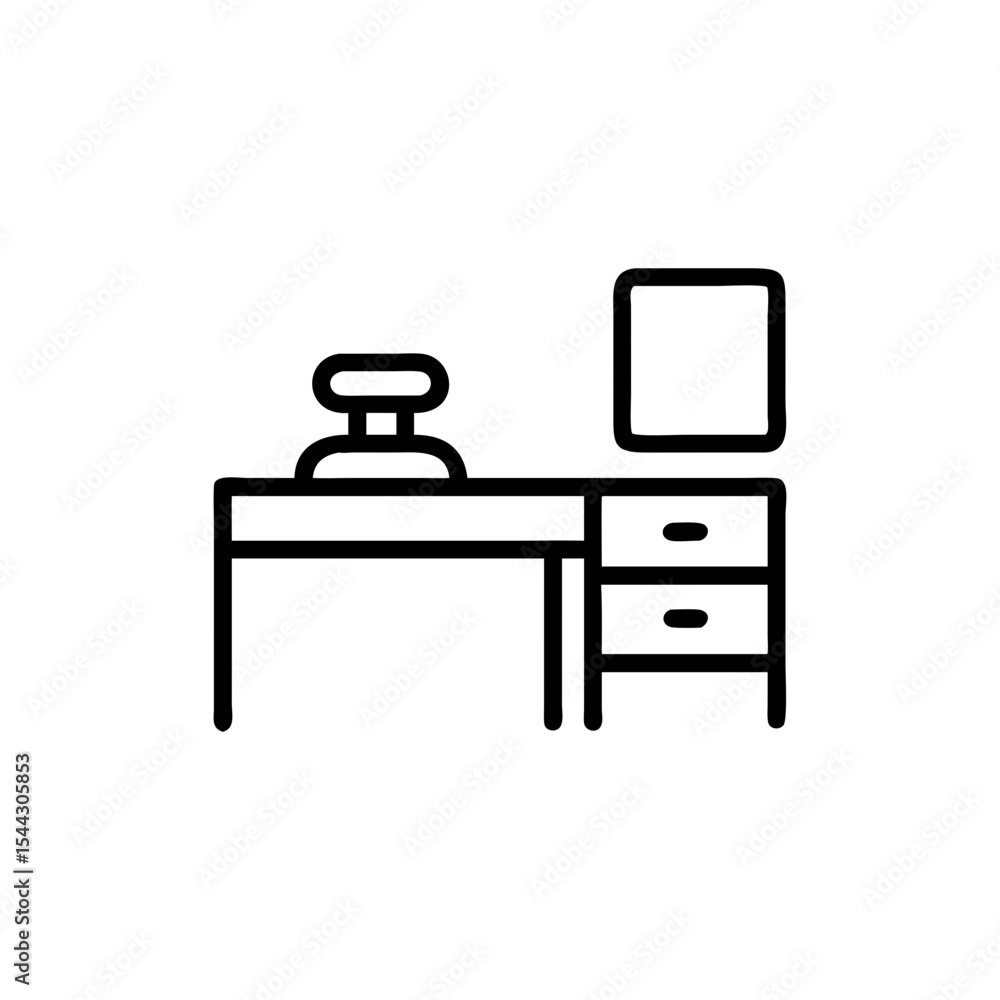 Outline icon of a desk with drawers chair and monitor in simple style Outline icon of a desk with drawers chair and monitor in simple style