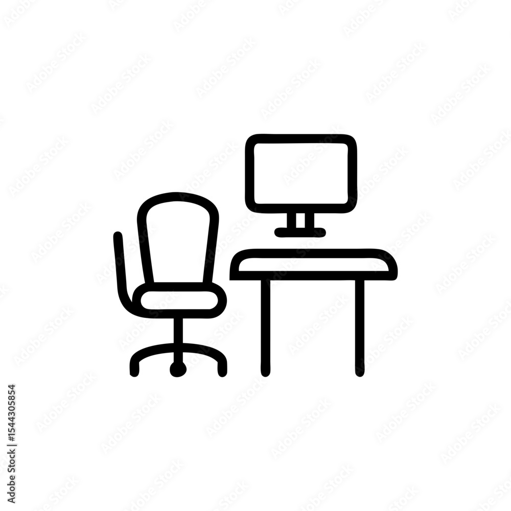 Illustration of a desk with a computer and chair in a simple style Illustration of a desk with a computer and chair in a simple style