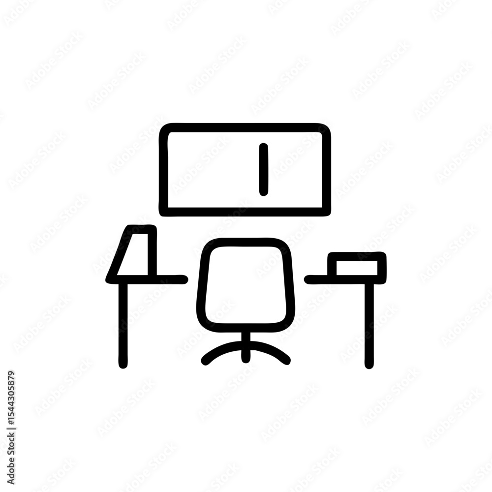 A simple line drawing of a desk with a chair and a monitor above it A simple line drawing of a desk with a chair and a monitor above it