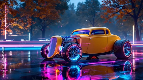 classic car in front of a blue sky.Yellow Hot Rod Classic Car with Neon Reflections on Wet City Street at Night.