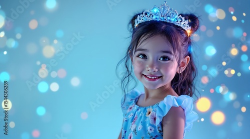 little girl in winter clothes.Adorable Little Princess: A Sparkling Portrait of a Happy Girl with Tiara on Blue Bokeh Background.