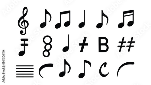 collection of musical symbols including notes, clefs, rests, and accidentals in black on white background for music theory and notation