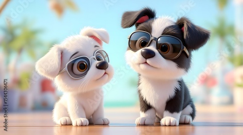 Cartoon Puppies Wearing Sunglasses Enjoying a Beach Vacation.