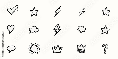 Explore a vibrant set of black doodle icons, perfect for creative design inspiration. Ideal for art projects, kids' crafts, and digital creativity, these symbols enhance doodle art.