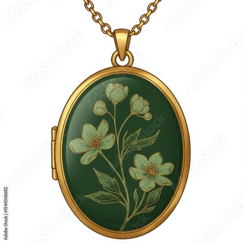 Oval Gold Locket with Green Floral Design