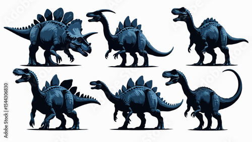Explore a dynamic set of blue dinosaur silhouettes, perfect for prehistoric art inspiration. Ideal for paleontology enthusiasts, kids' crafts, and educational projects, these icons enhance dinosaur 