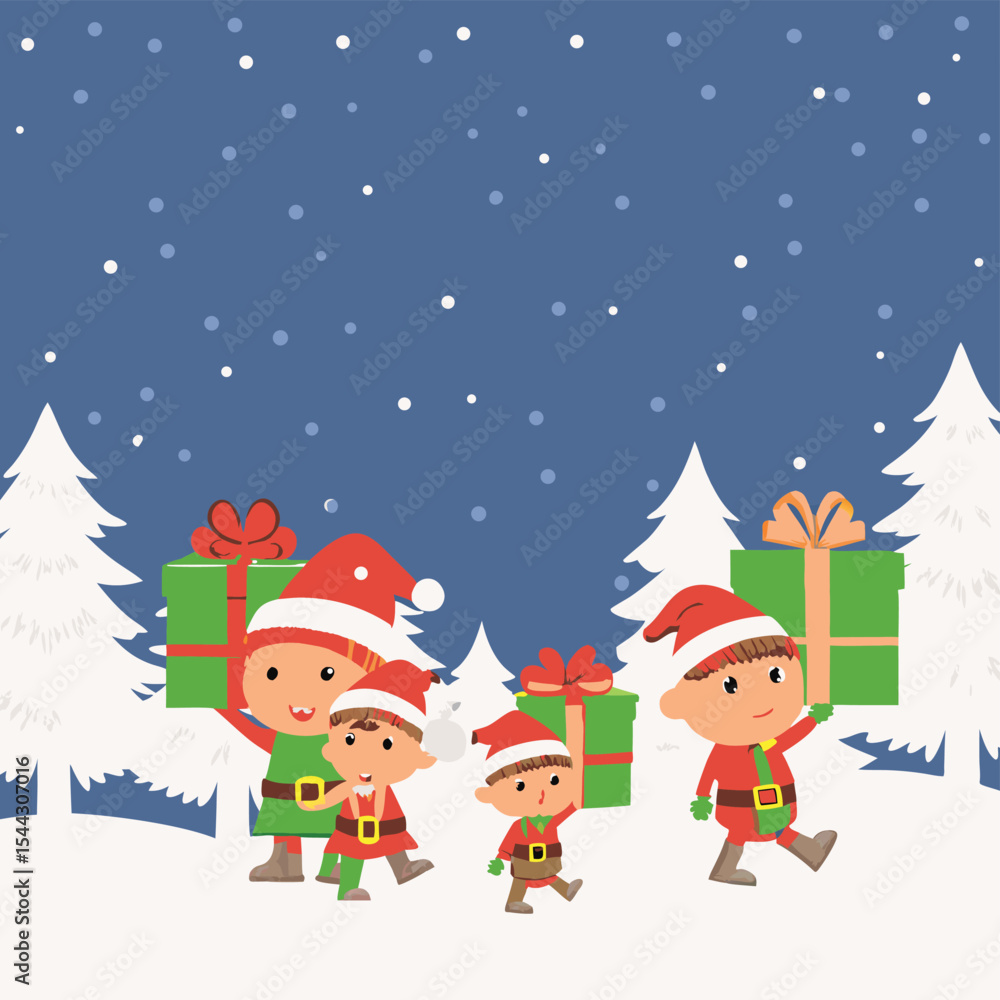 A cheerful illustration of four friendly elves, dressed in festive red and green outfits, carrying large green Christmas presents through a snowy forest at night. A cheerful illustration of four friendly elves, dressed in festive red and green outfits, carrying large green Christmas presents through a snowy forest at night.