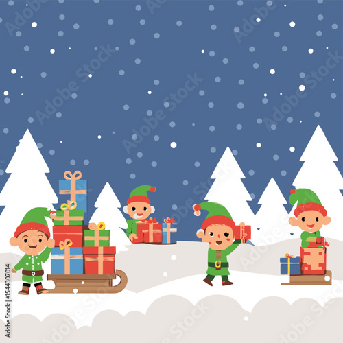 A cheerful illustration of three cartoon elves in winter attire, carrying and stacking presents on a snowy landscape.