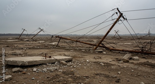 Desolate landscape of downed power lines and debris