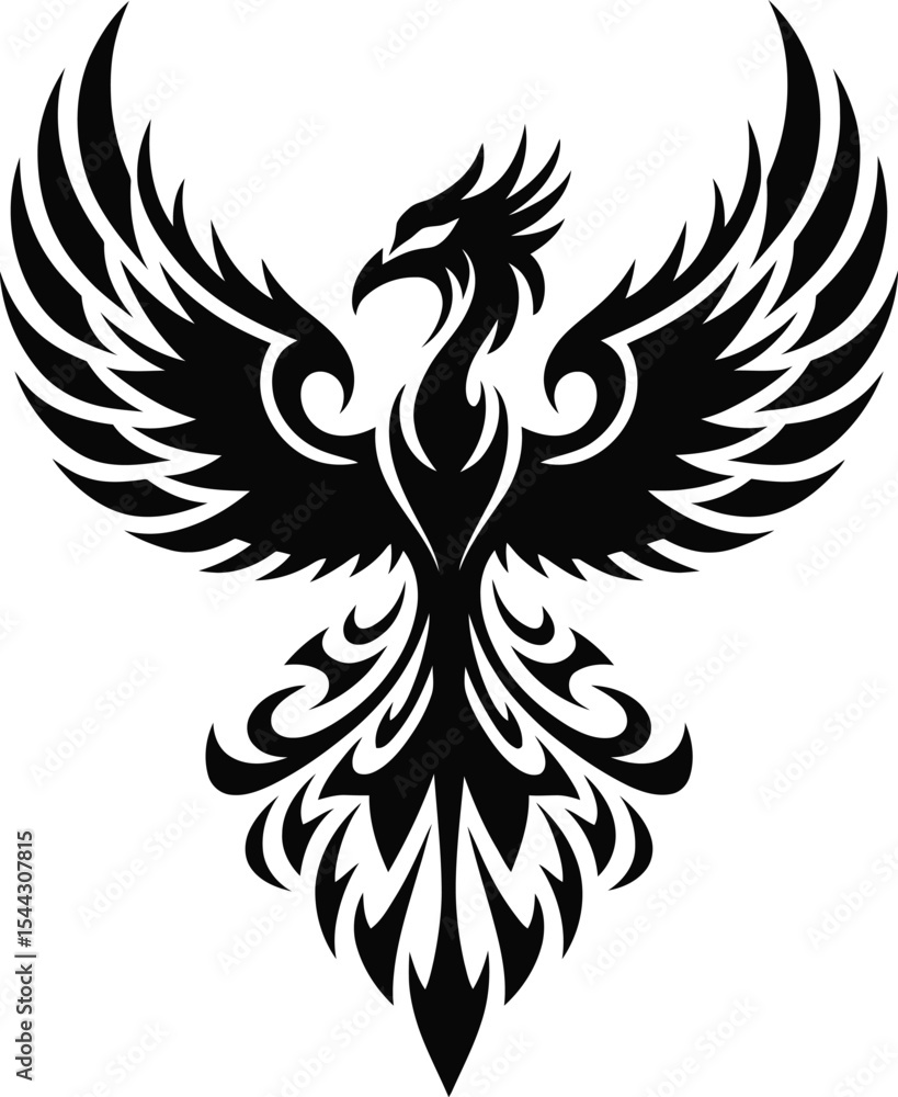 Fototapeta premium Phoenix Bird – Tribal Style Black and White Firebird Vector Silhouette