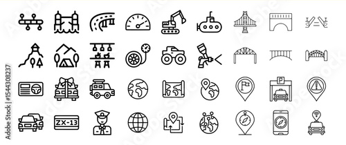 Black Line Icons Collection Transportation Travel Bridges Vehicles Maps