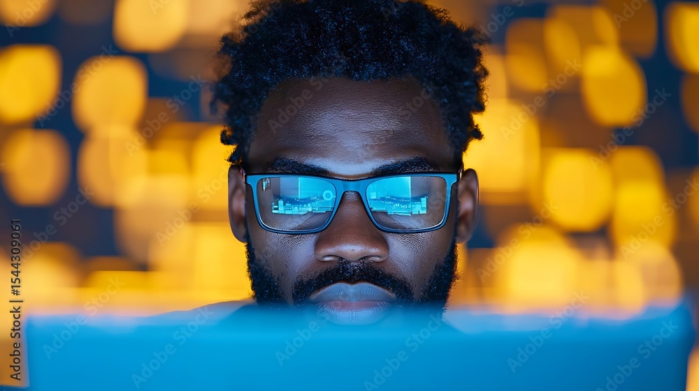 A Man Working on a Computer Late at Night With Yellow Lights A Man Working on a Computer Late at Night With Yellow Lights