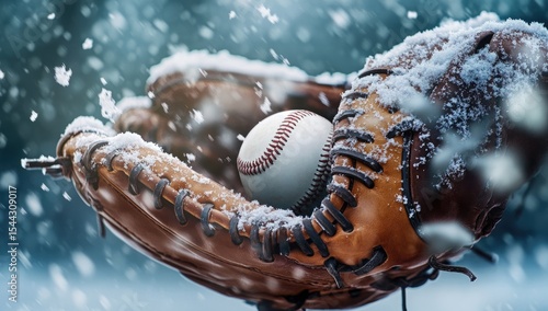 A baseball glove filled with a baseball, covered in snow, in a winter storm