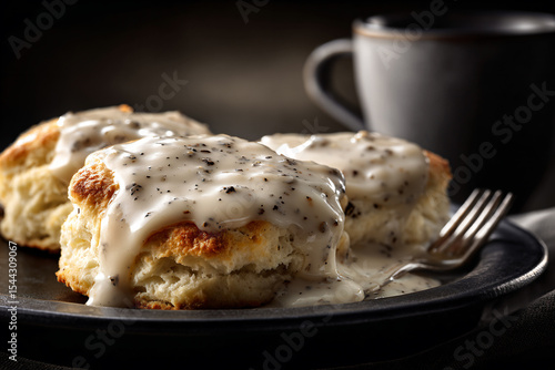 a plate of biscuits with gravy and a cup of coffee