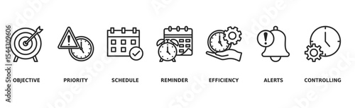Time management banner web icon vector illustration concept with icon of objective, priority, schedule, reminder, efficiency, alerts, and controlling