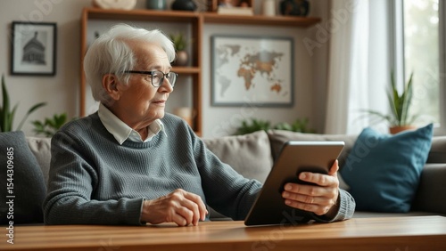 Elderly person learning to use voice-assisted AI home technology