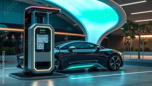 Futuristic Electric Vehicle Charging Station with Payment Kiosk