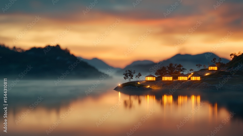 Tranquil Lakeside Scene: A serene landscape unfolds as twilight descends, painting the sky with hues of orange and gold. Buildings cluster peacefully along the lake's edge. Tranquil Lakeside Scene: A serene landscape unfolds as twilight descends, painting the sky with hues of orange and gold. Buildings cluster peacefully along the lake's edge.