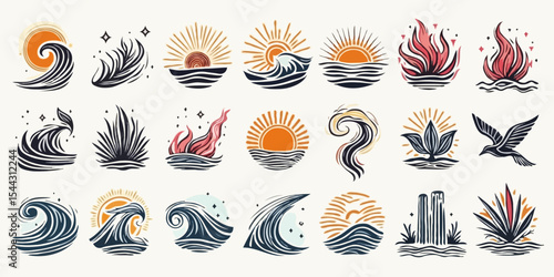 Unveil a stunning set of black and orange nature and ocean icons, perfect for eco-art inspiration. Ideal for marine designs, mindfulness art, and nature projects, these symbols enhance oceanic illustr