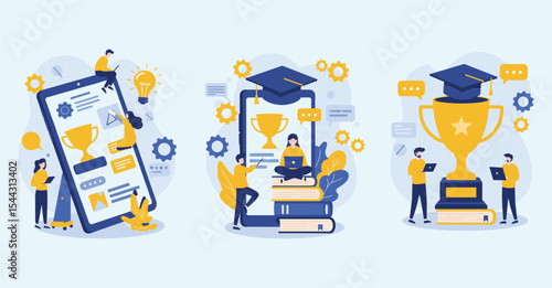 E-learning Success and Online Education, Students Achieving Academic Goals, Digital Learning Platform with Graduation Cap, Trophy, and Modern Educational Tools  flat vector illustration