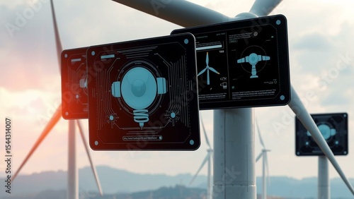 Futuristic AI Wind Turbines with Digital Monitoring