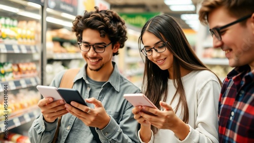 Young professionals comparing grocery prices