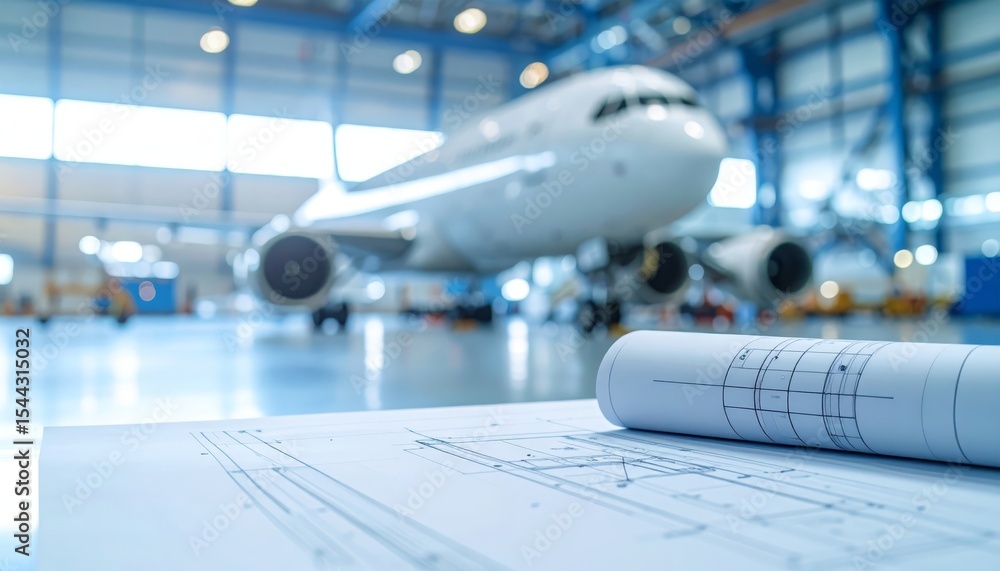 Fototapeta premium White airplane model on architectural blueprints, symbolizing travel and design integration