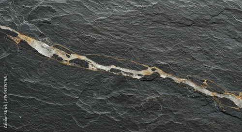 Striking Dark Grey Slate Stone Texture with White and Gold Veining Natural Rock Background