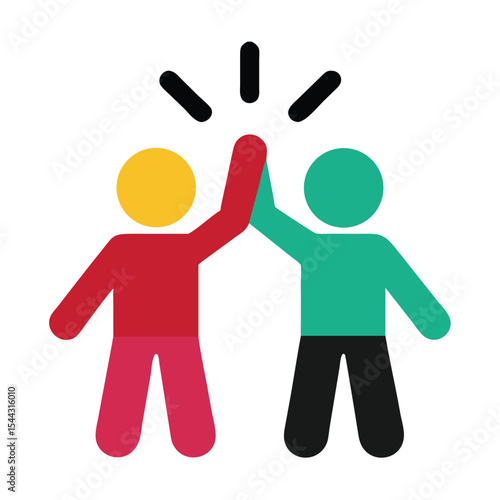 Two stylized figures giving a high five teamwork success celebration friendship yellow red green crimson