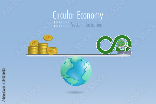 World on balance seesaw between gold coins money and circular economy. Industry and business responsible for sustainable environment. Ecology, save the planet, decrease pollution. Vector.