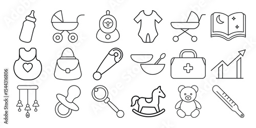 Collection of baby care icons line art isolated on white background