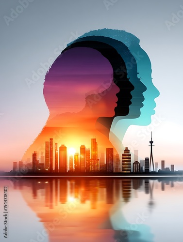 City skyline reflected in still water, with superimposed human profiles and sunset colors